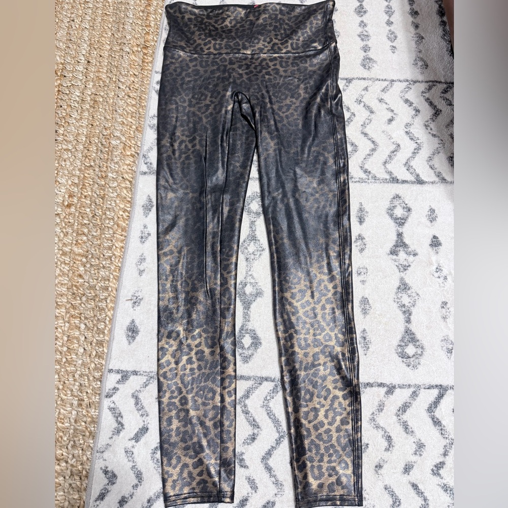 SPANX Metallic Leopard Faux-Leather Leggings in Black and Gold